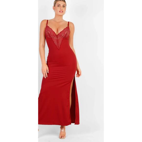 Popilush Dresses & Skirts - NWT Popilush Shapewear Lace V Neck Side Slit Slimming Maxi Slip Dress Sz XL